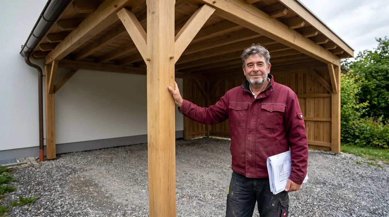 Peter Preissinger kontrolliert einen fertigen Holz-Carport vor der Übergabe